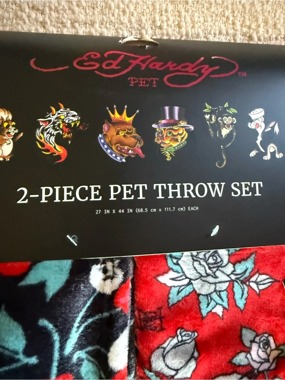 ED HARDY PET 2 Pc Pet Throw Set Skull Cherries 27x44